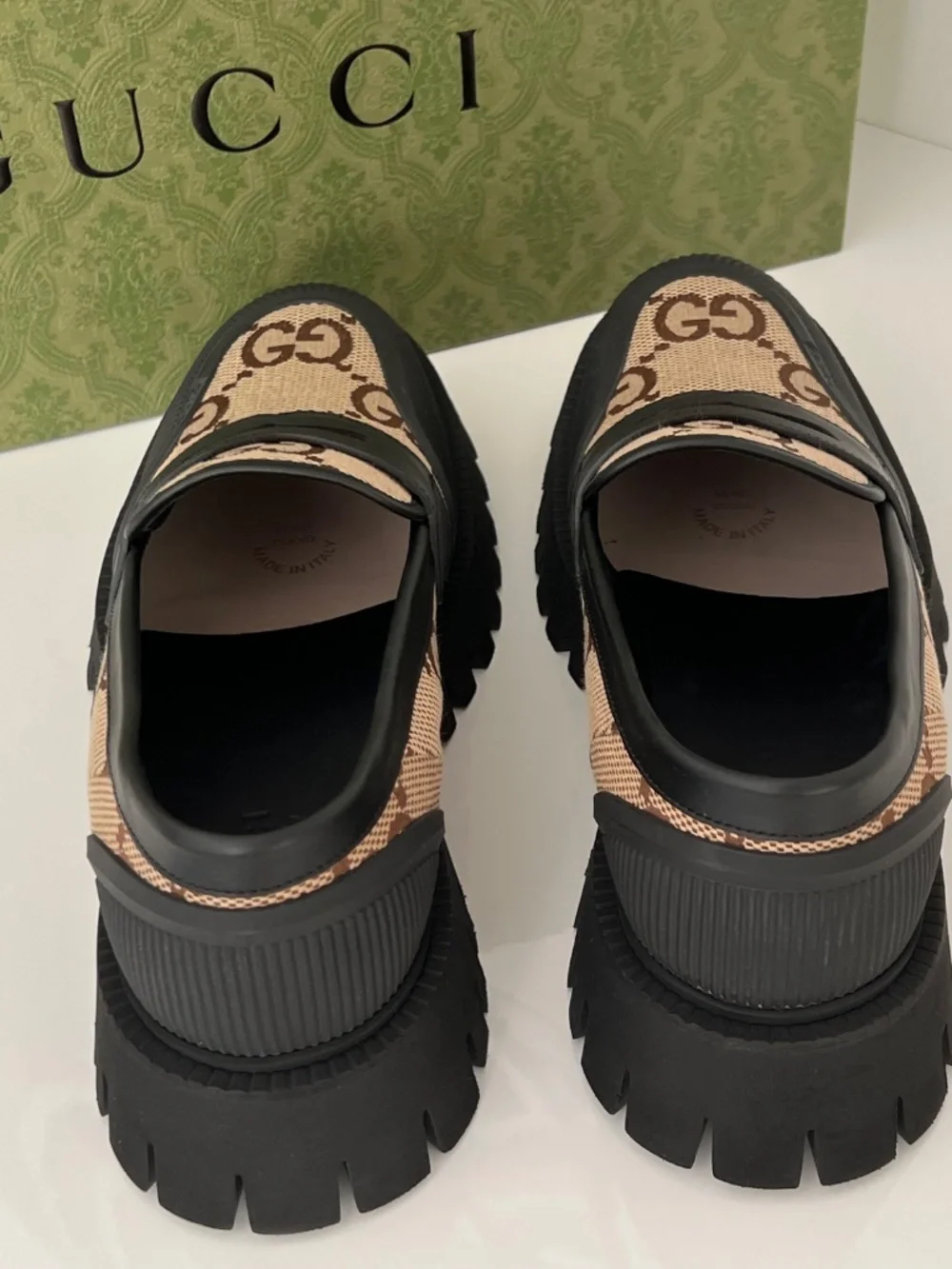 Gucci Men's Shoes Maxi GG Slip On Loafers Rubber Fabric Leather Size 10.5 US 11